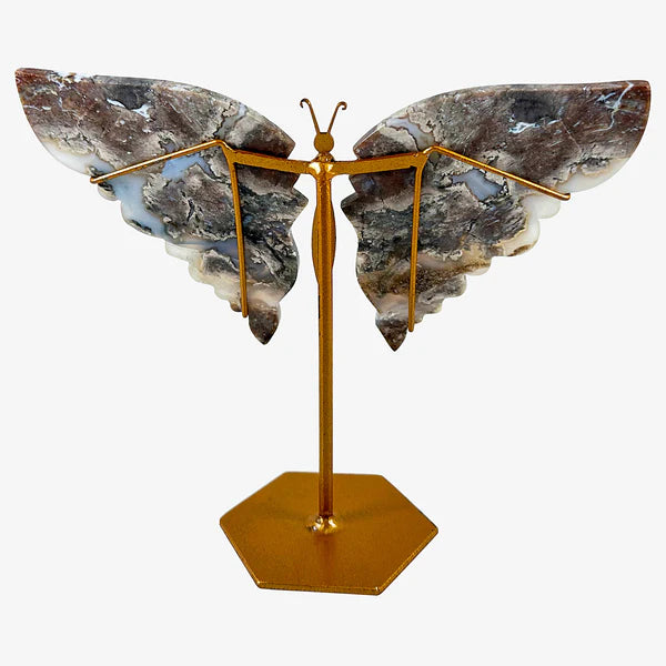 Crystal Butterfly Wings Carvings with Stand - Moss Agate