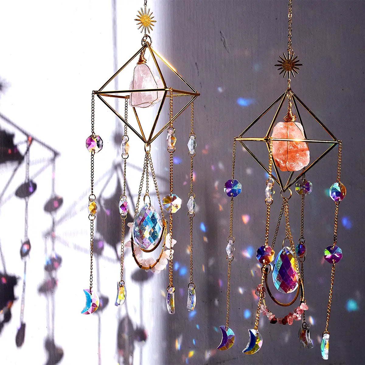 Sun Catcher - Gold Triangle and Rose Quartz