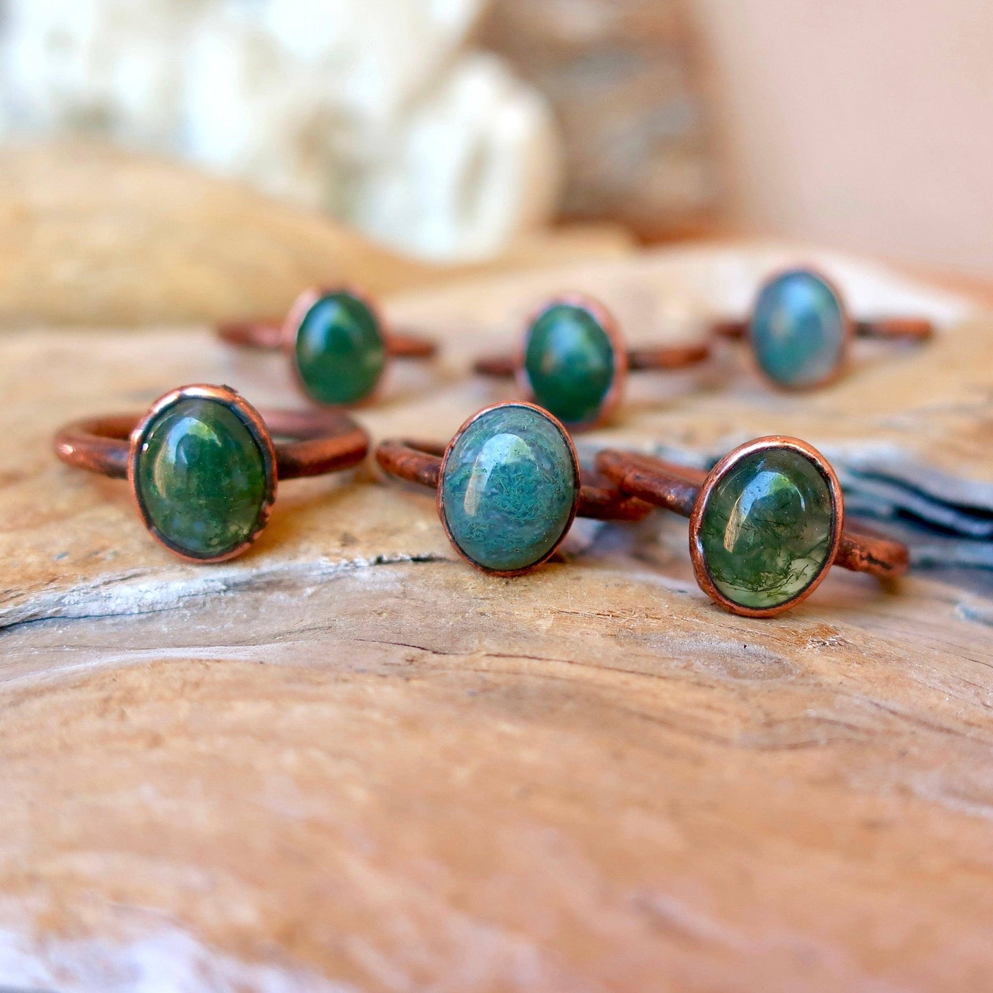 Green Moss Agate Copper Rings - 10 x 8mm