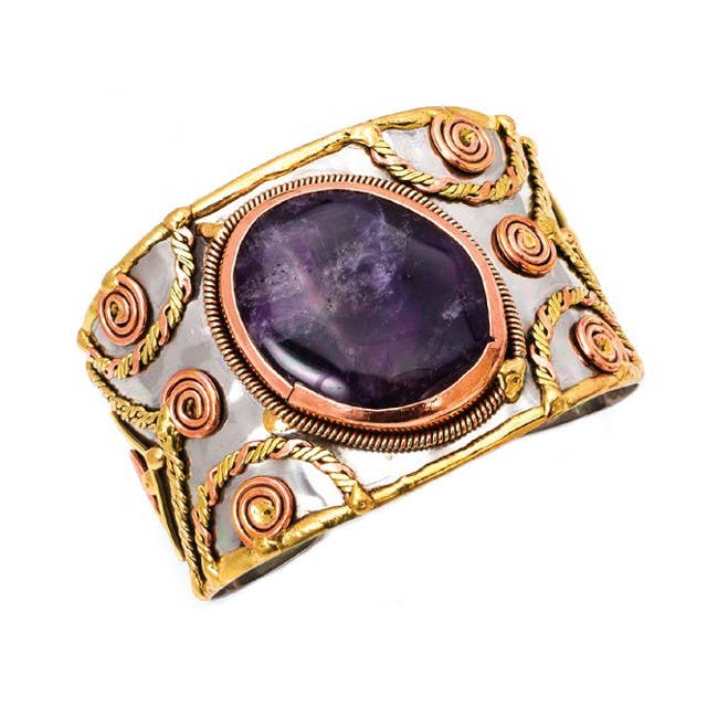 Mixed Metal and Amethyst Stone Cuff Bracelet