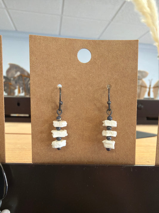 Azotoontli armadillo scute earrings w/23mm silver beads triple stack