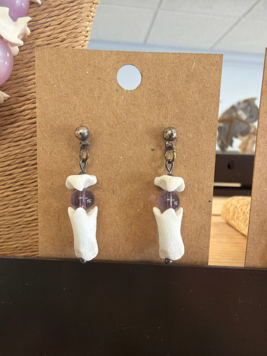 Chito goat phalange earrings w/purple glass bead and 4mm ball post silver plated