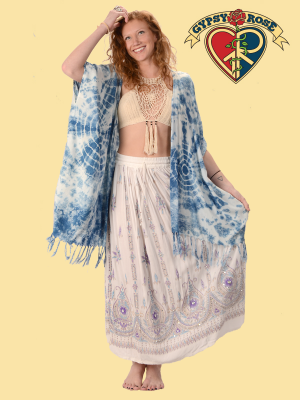 Natural Indigo Tie Dye Rayon Fringe Kimono