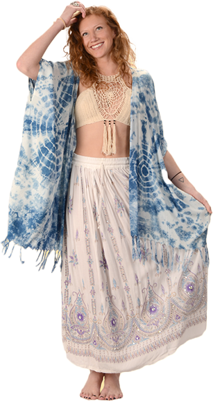Natural Indigo Tie Dye Rayon Fringe Kimono