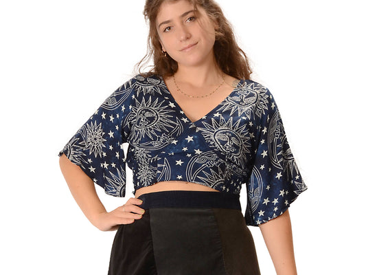 Celestial Star Moon Print Crop Top Blouse