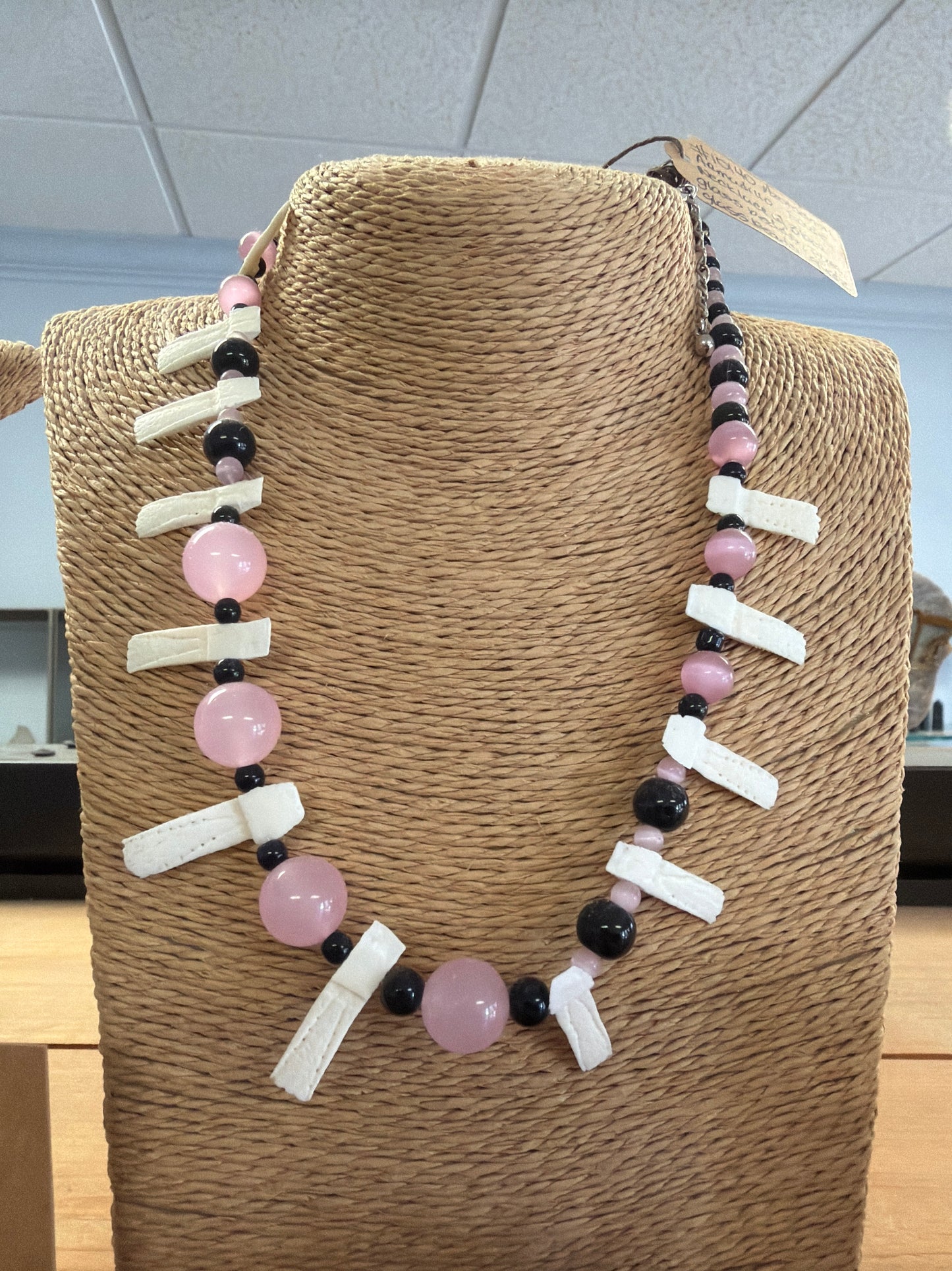 Azotochtli armadillo scute necklace w/black & pink glass beads quartz