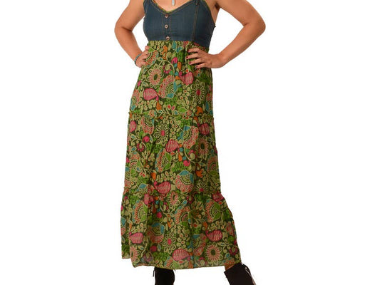 Denim Halter Cotton Print Maxi Dress