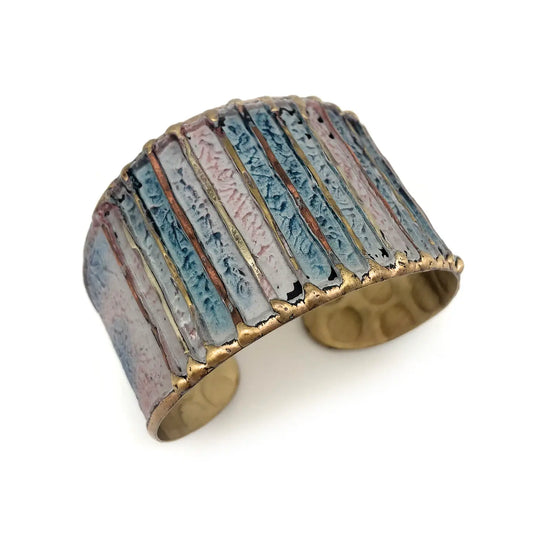 Brass Patina Cuff Bracelet - Blue with Vertical Bands