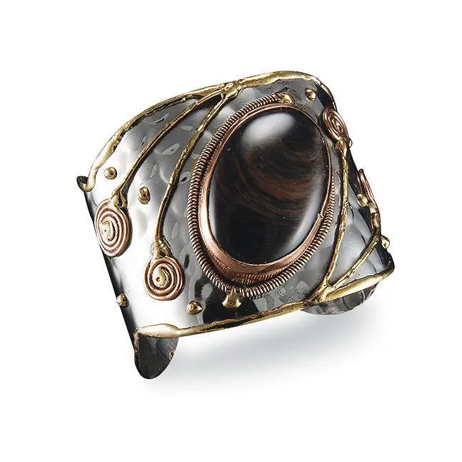 Mixed Metal and Obsidian Stone Cuff Bracelet