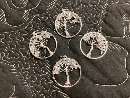 Circular Wire Wrapped Tree of Life Pendant - Clear Quartz