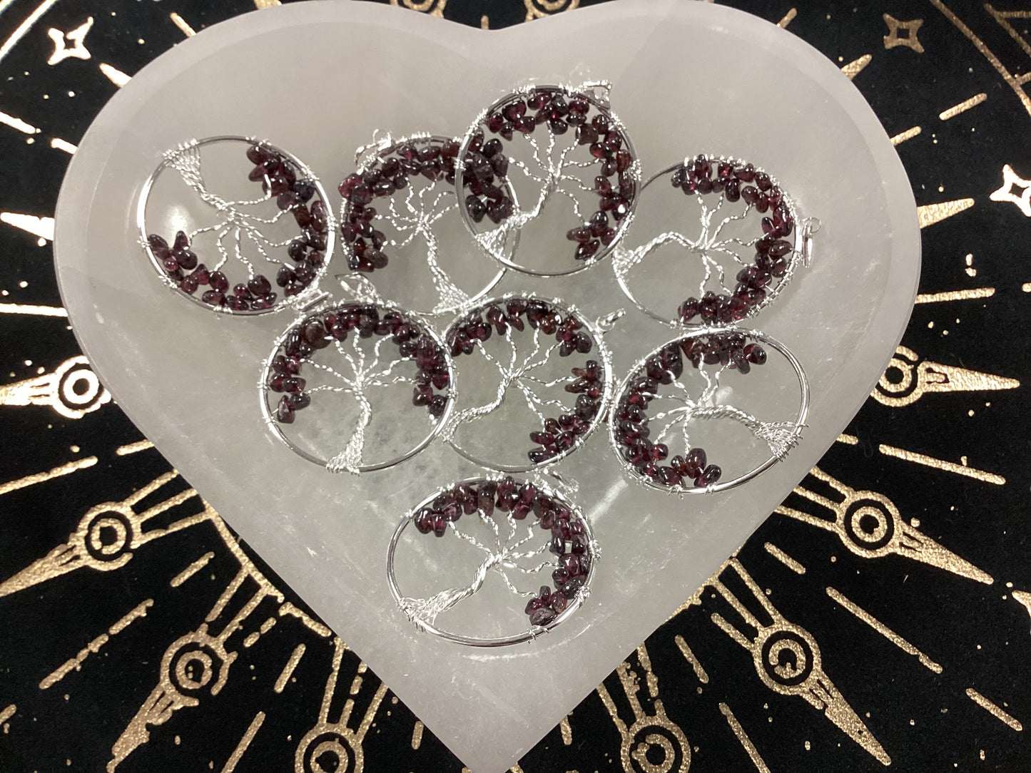 Circular Wire Wrapped Tree of Life Pendant - Garnet