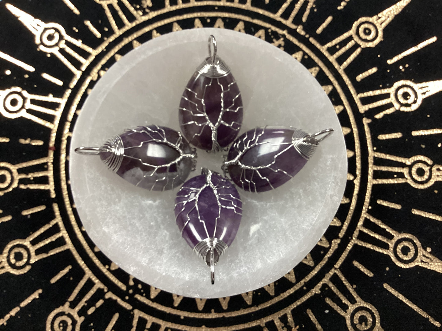 Teardrop Shaped Wire Wrapped Tree of Life Pendant - Amethyst