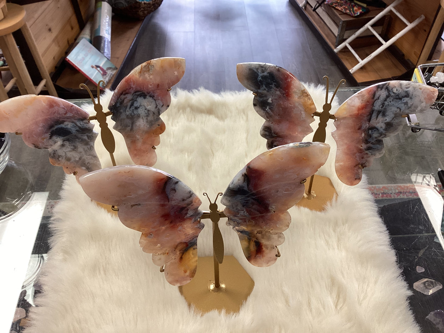 Crystal Butterfly Wings Carvings with Stand - Pink Dendritic Agate