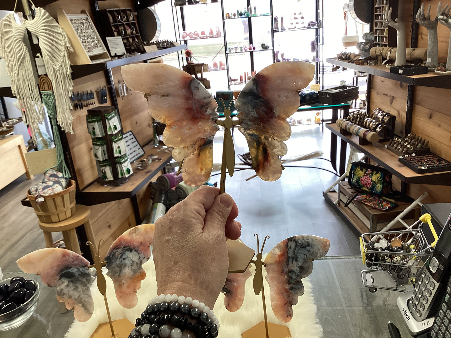 Crystal Butterfly Wings Carvings with Stand - Pink Dendritic Agate