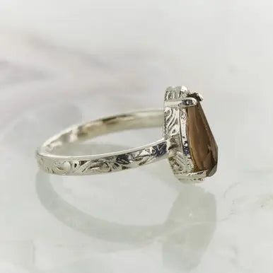 Smoky Quartz Checker Filigree Ring