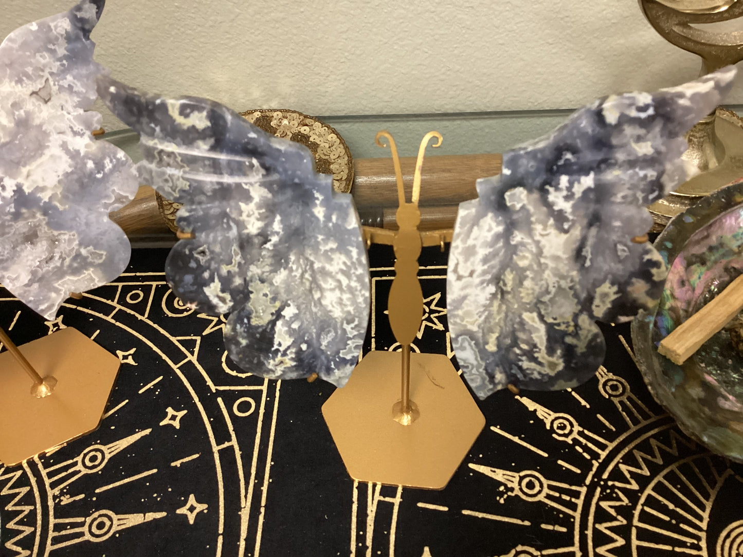 Crystal Butterfly Wings Carvings With Stand - Blue Plume Agate