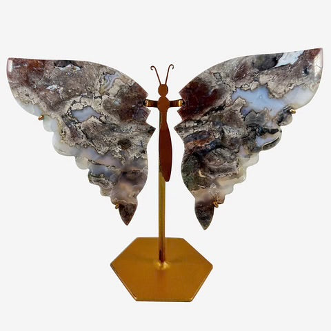 Crystal Butterfly Wings Carvings with Stand - Moss Agate