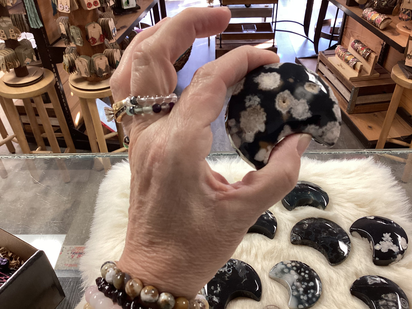 Black Flower Agate Crystal Moons