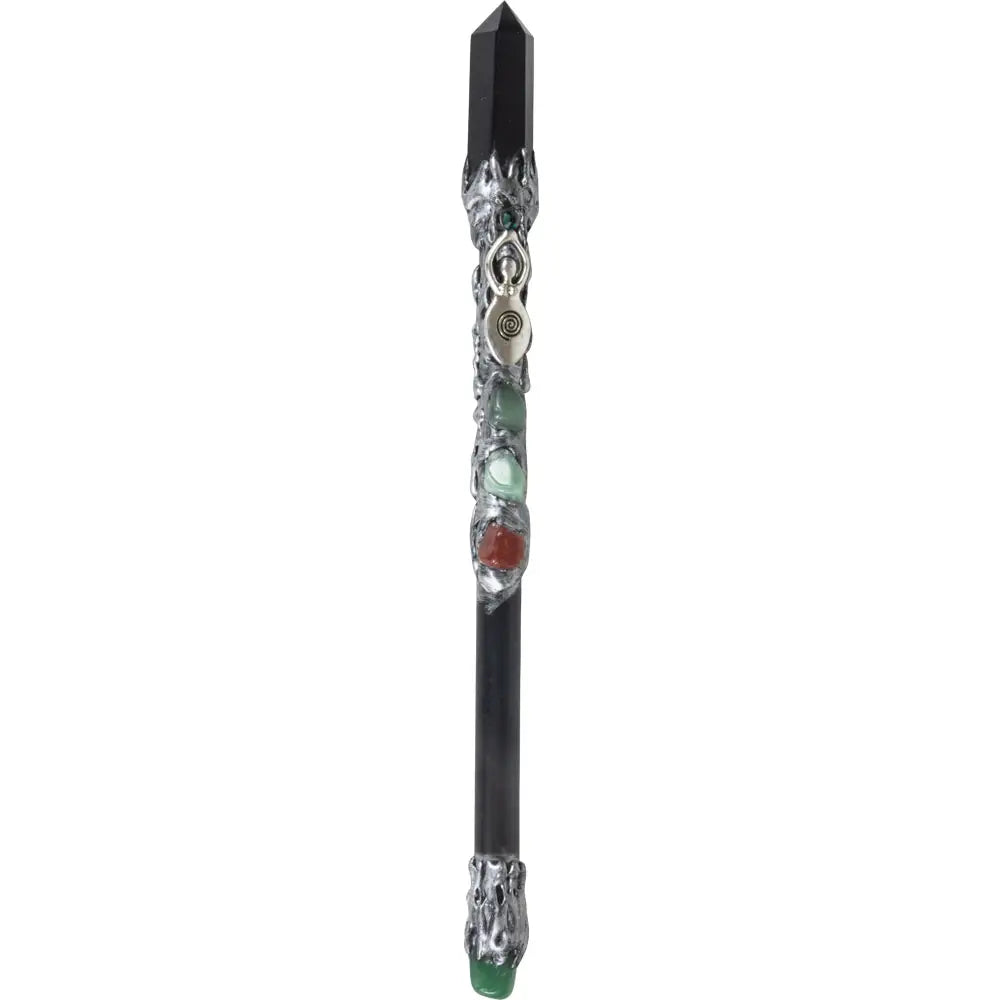 Magick Wand - Black Obsidian Point with Silver Spiral Goddess