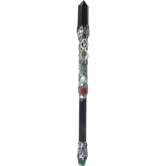 Magick Wand - Black Obsidian Point with Silver Spiral Goddess