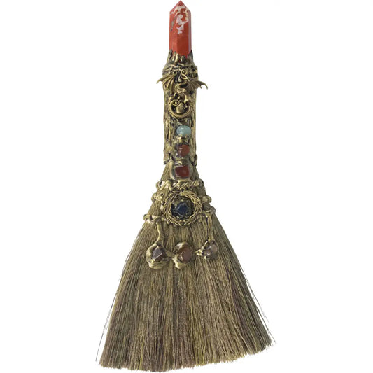 Gemstone Wicca Broom - Red Jasper with Gold Dragon