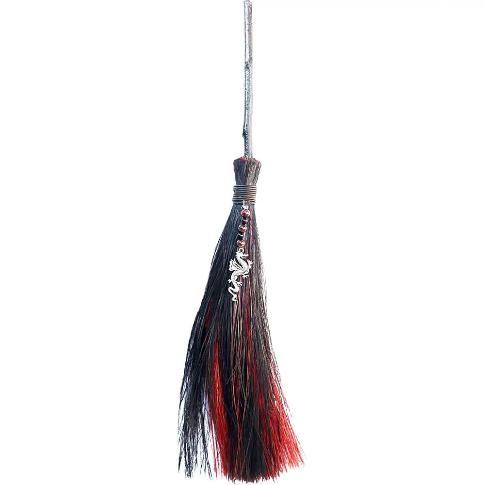 Wicca Besom - Red/Black - Dragon with Garnet