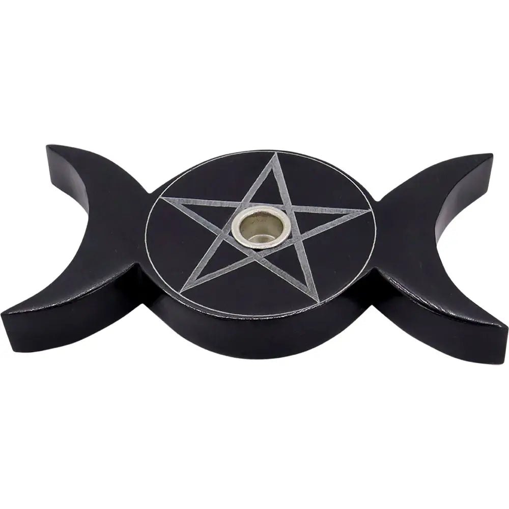 Soapstone Mini Candle Holder - Black - Triple Moon with Pentacle