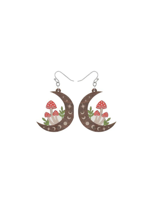Natural Mystic Wood Mushroom Moon Earrings