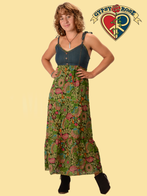 Denim Halter Cotton Print Maxi Dress