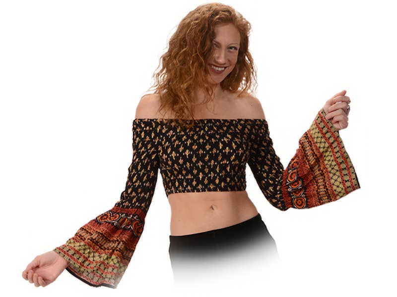 Meadow Walker Off The Shoulder Flare Sleeve Rayon Crop Top