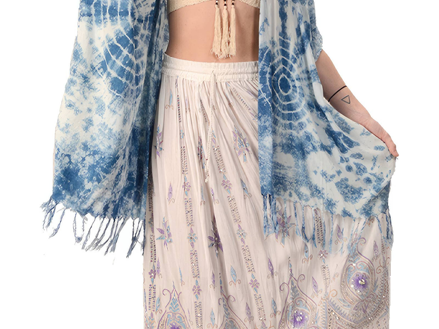 Natural Indigo Tie Dye Rayon Fringe Kimono