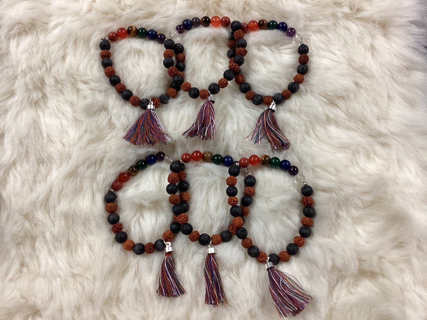 Chakra Tassel Elastic Bracelets with Lava & Rudraksha Beads