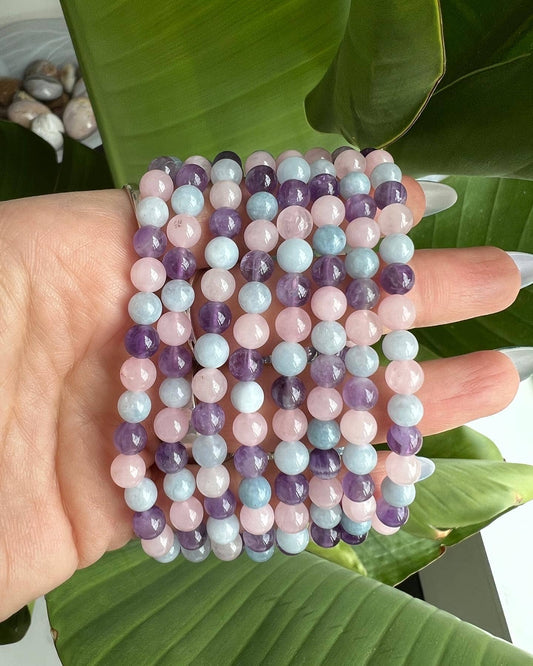 Amethyst Rose Quartz & Aquamarine Crystal Beaded Bracelet