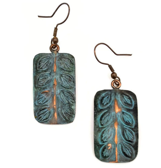 Two Rows of Leaves Copper Patina Earrings