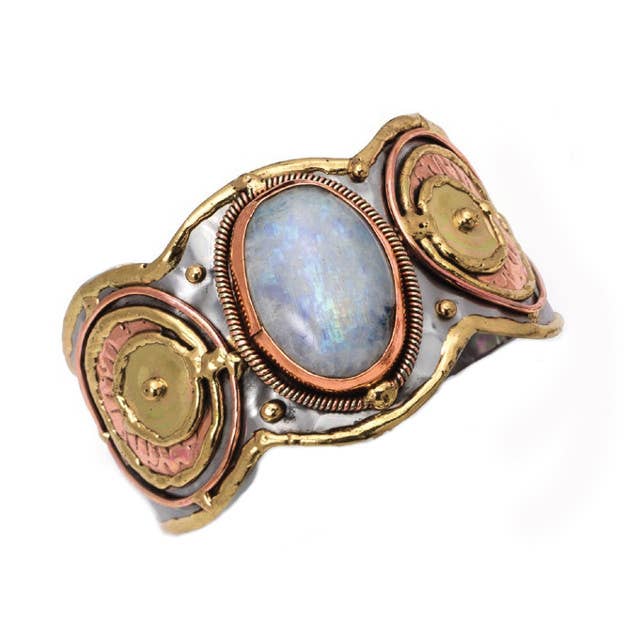 Mixed Metal and Rainbow Moonstone Stone Cuff Bracelet