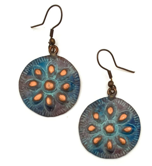 Rustic Flower Copper Patina Earrings