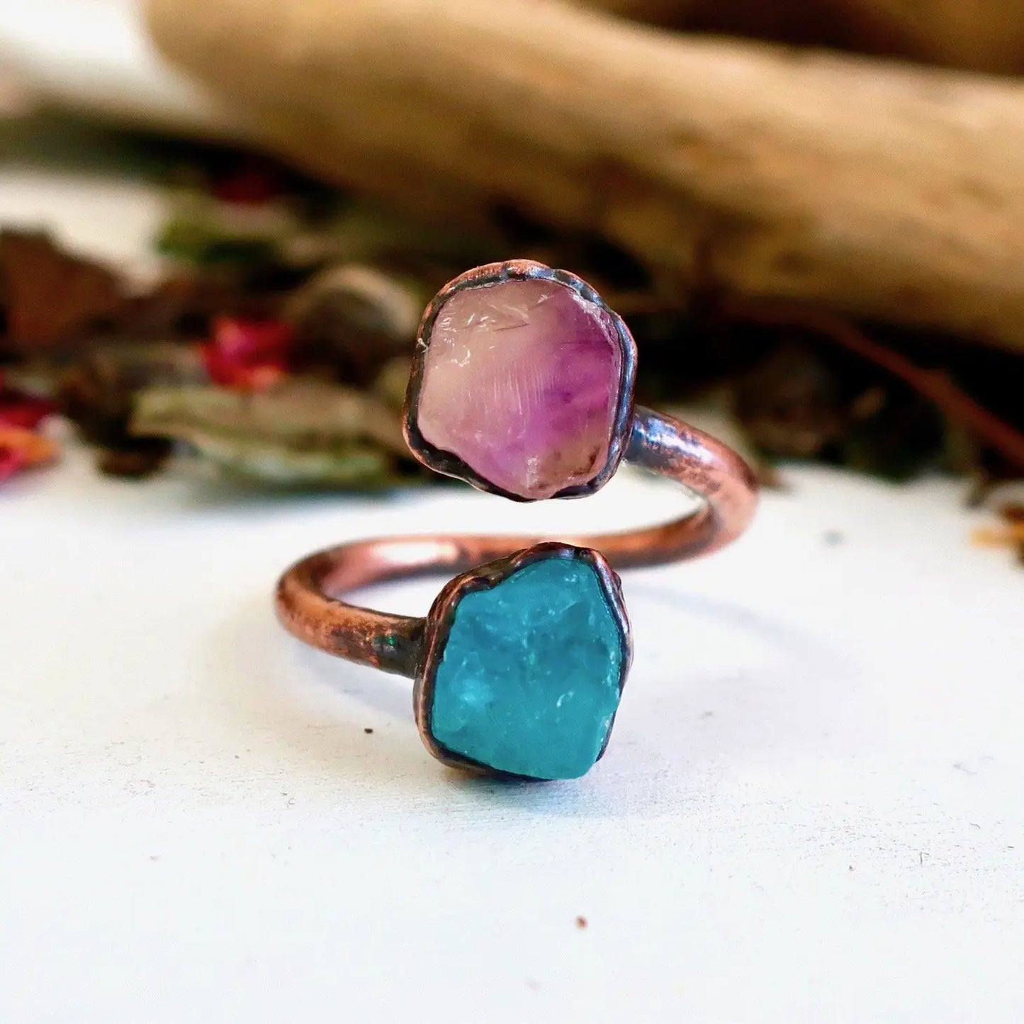 Raw Blue Apatite and Raw Ametrine Copper Open Ring