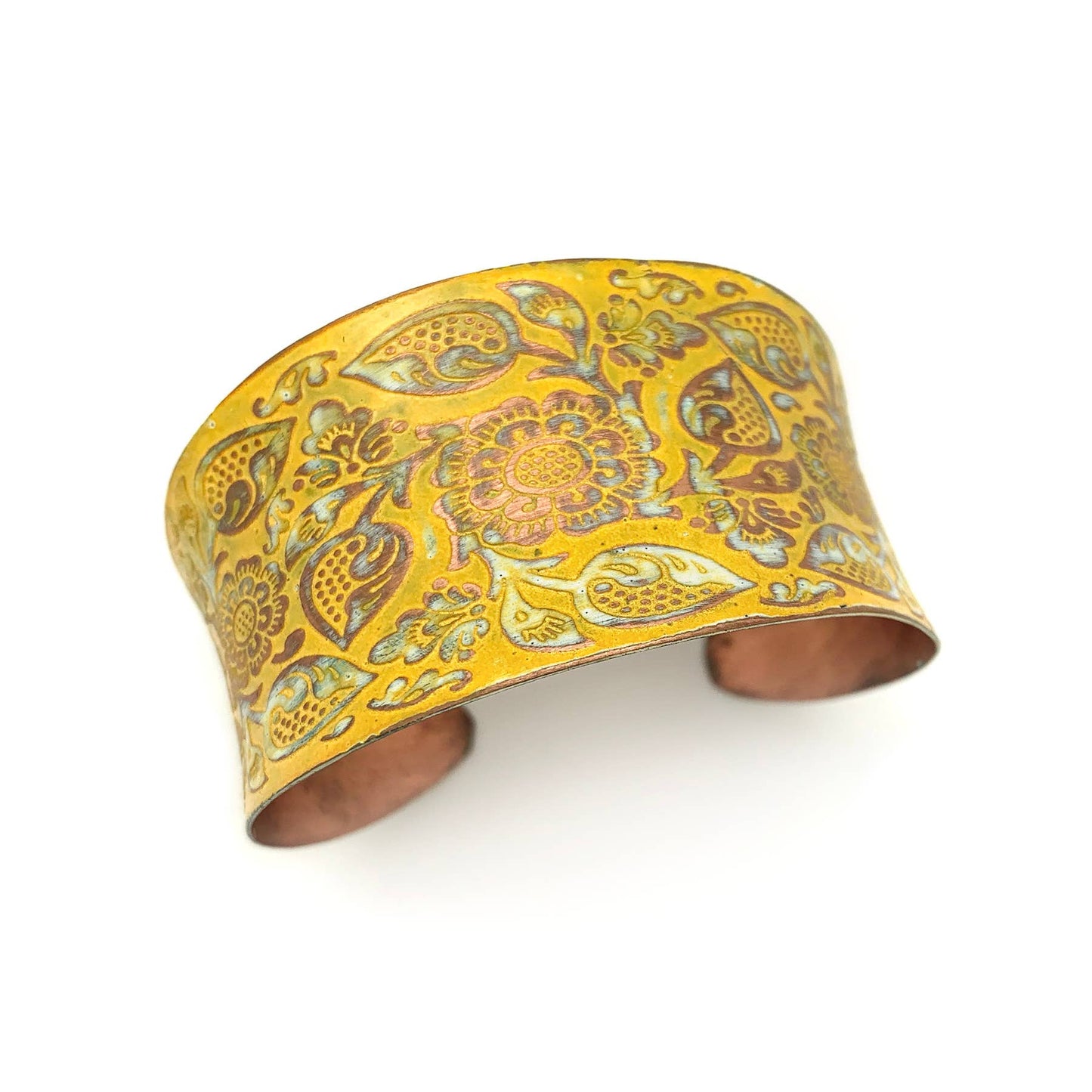 Copper Patina Cuff Bracelet - Yellow Decorative Flower