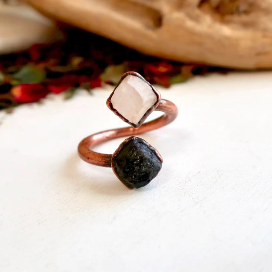 Raw Black Tourmaline and Raw Moonstone Twist Copper Ring