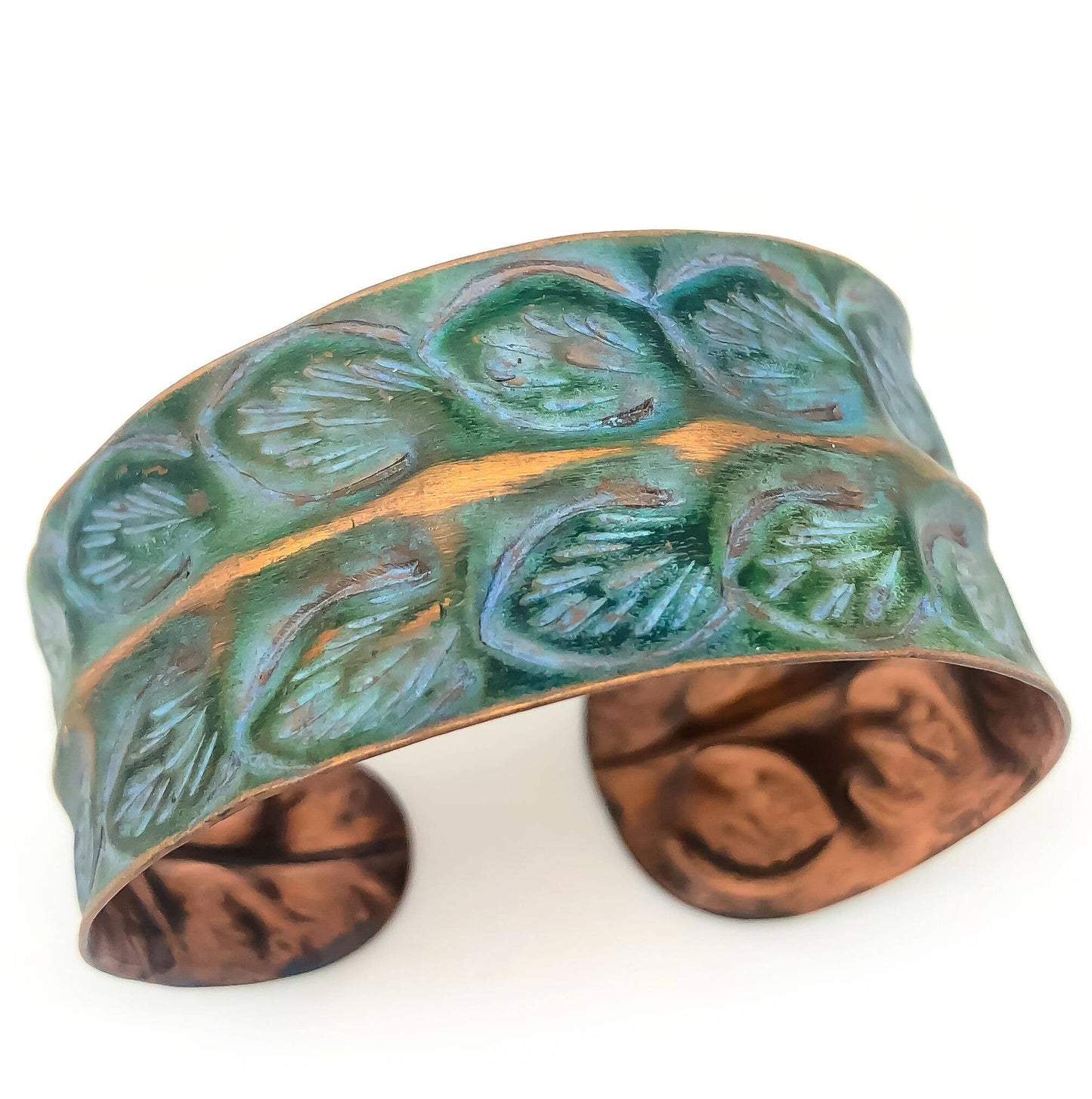 Copper Patina Rows of Leaves Cuff Bracelet