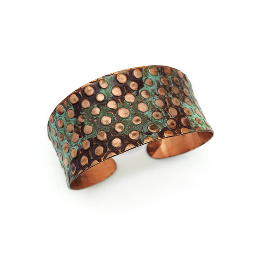 Copper Patina Cuff Bracelet - Copper and Teal Rivets