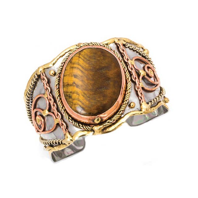 Mixed Metal and Tiger Eye Stone Cuff Bracelet