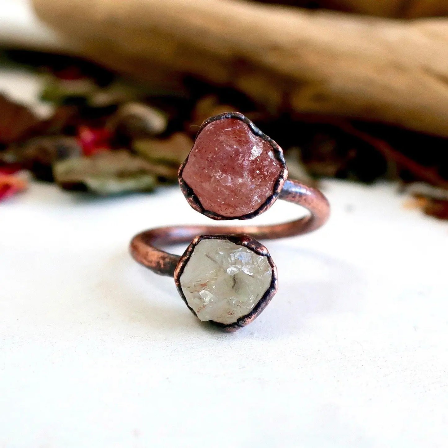 Raw Strawberry Quartz and Green Amethyst Twist Copper Ring