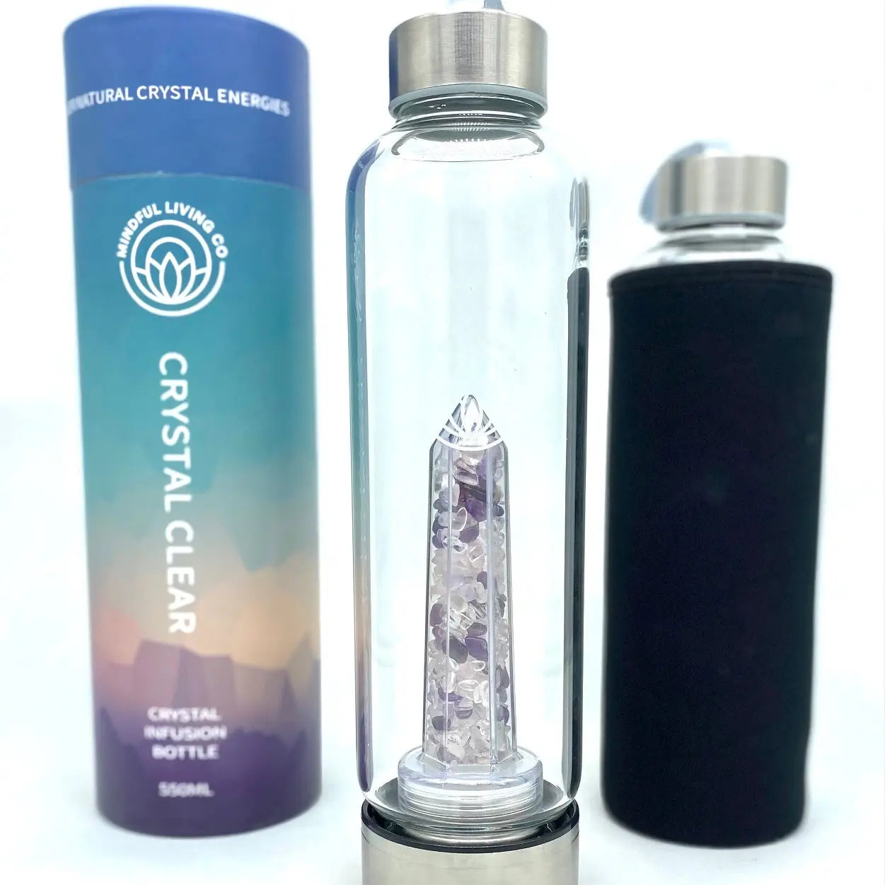 Crystal Clear Water Bottle with Crystal Chips Insert - Love & Happiness