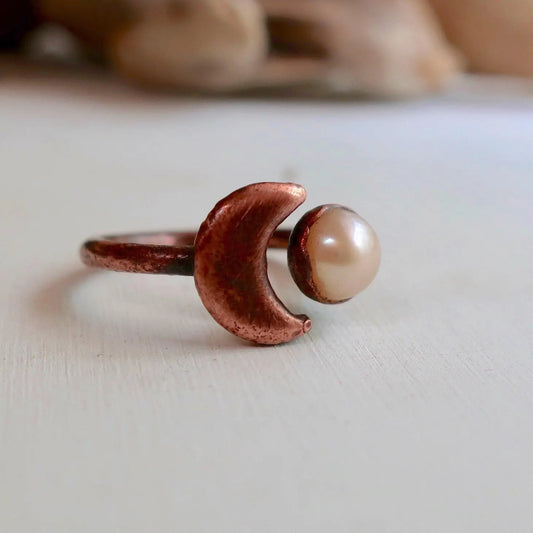 Pearl Crescent Moon Open Copper Ring