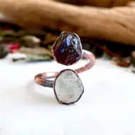 Raw Garnet and Green Amethyst Twist Copper Ring