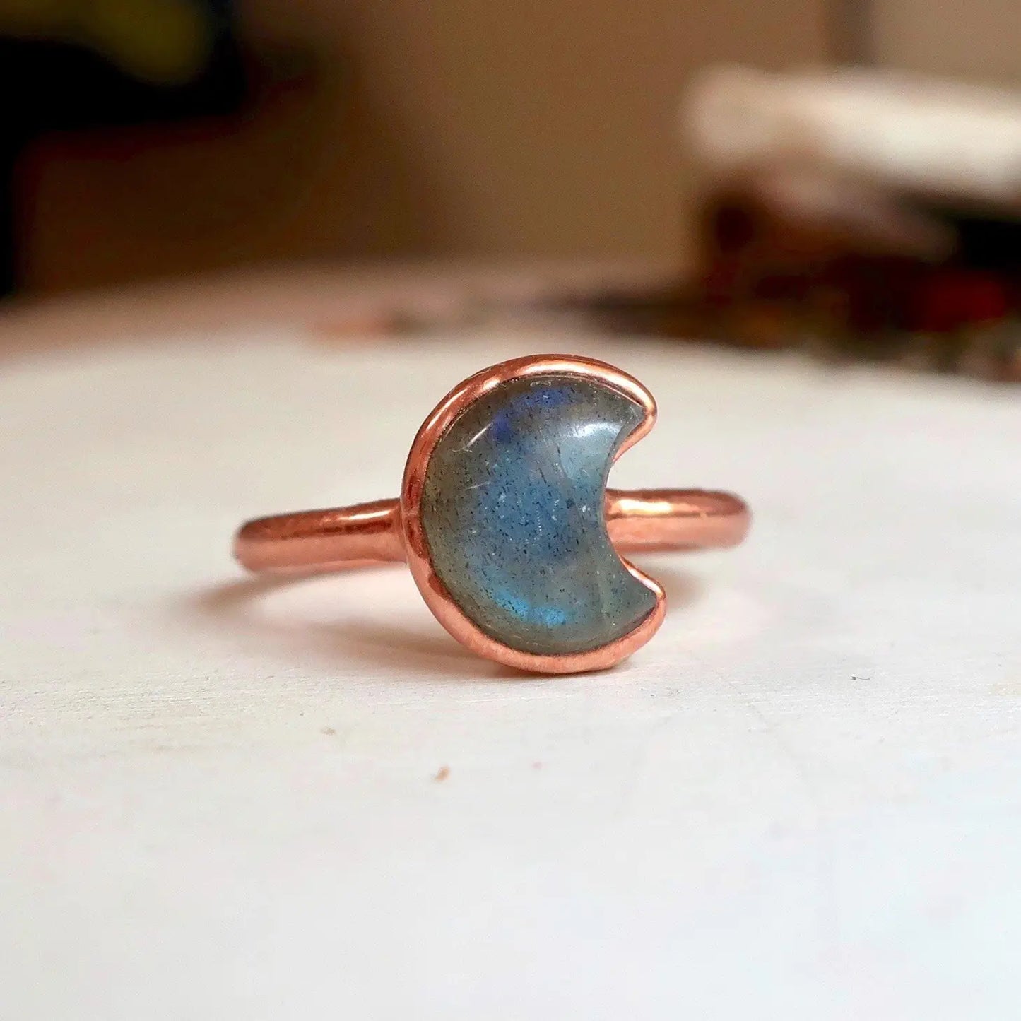 Labradorite Crescent Moon Copper Ring