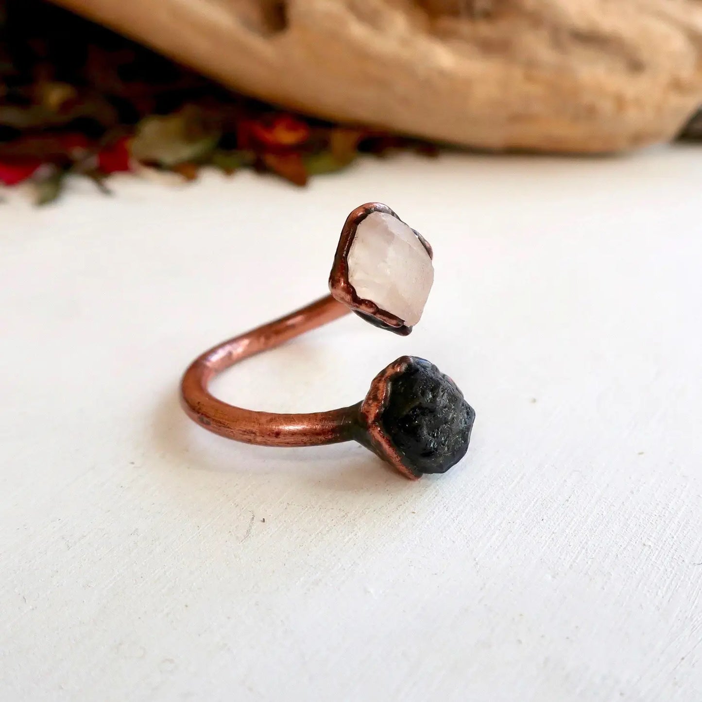 Raw Black Tourmaline and Raw Moonstone Twist Copper Ring