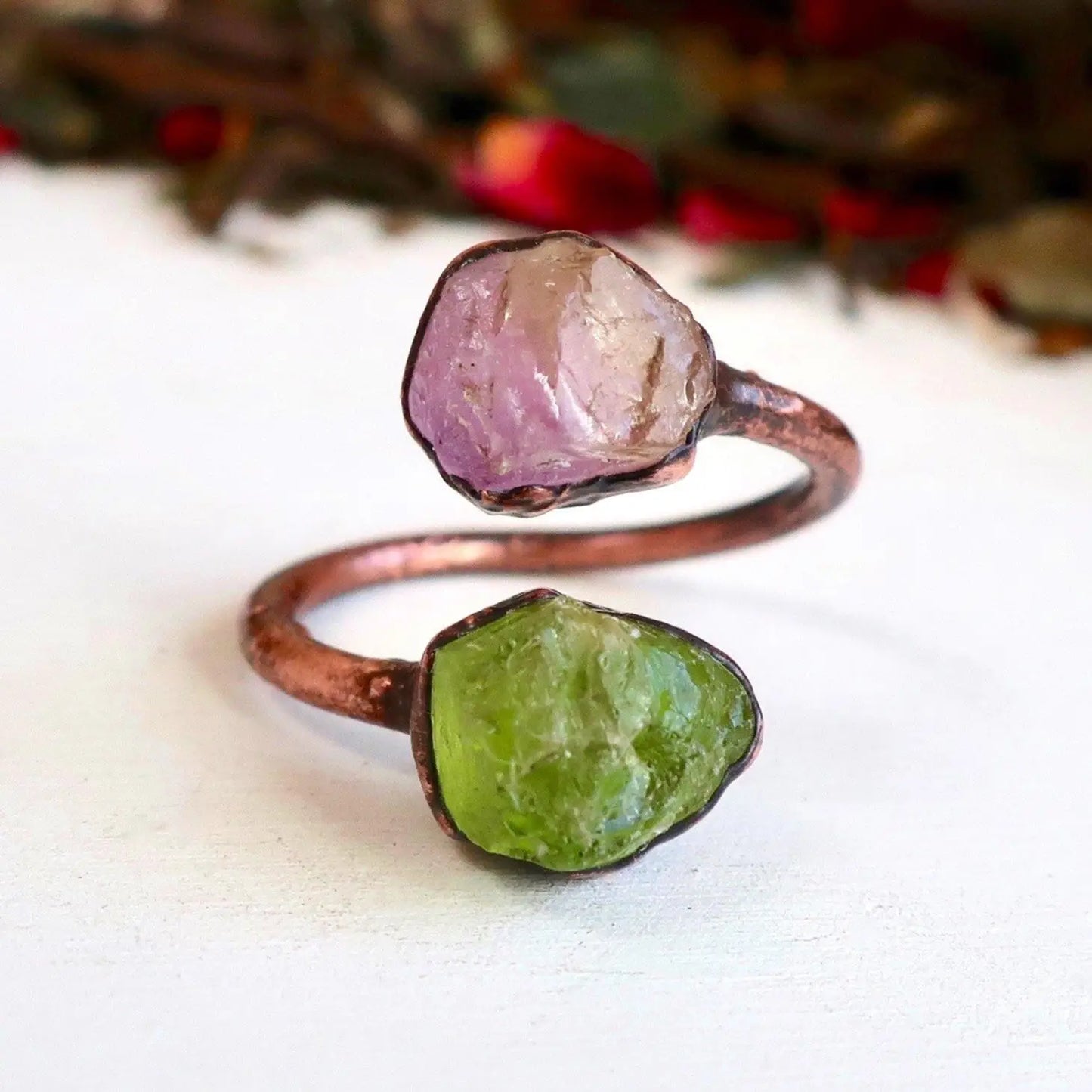 Raw Peridot and Raw Ametrine Twist Copper Ring