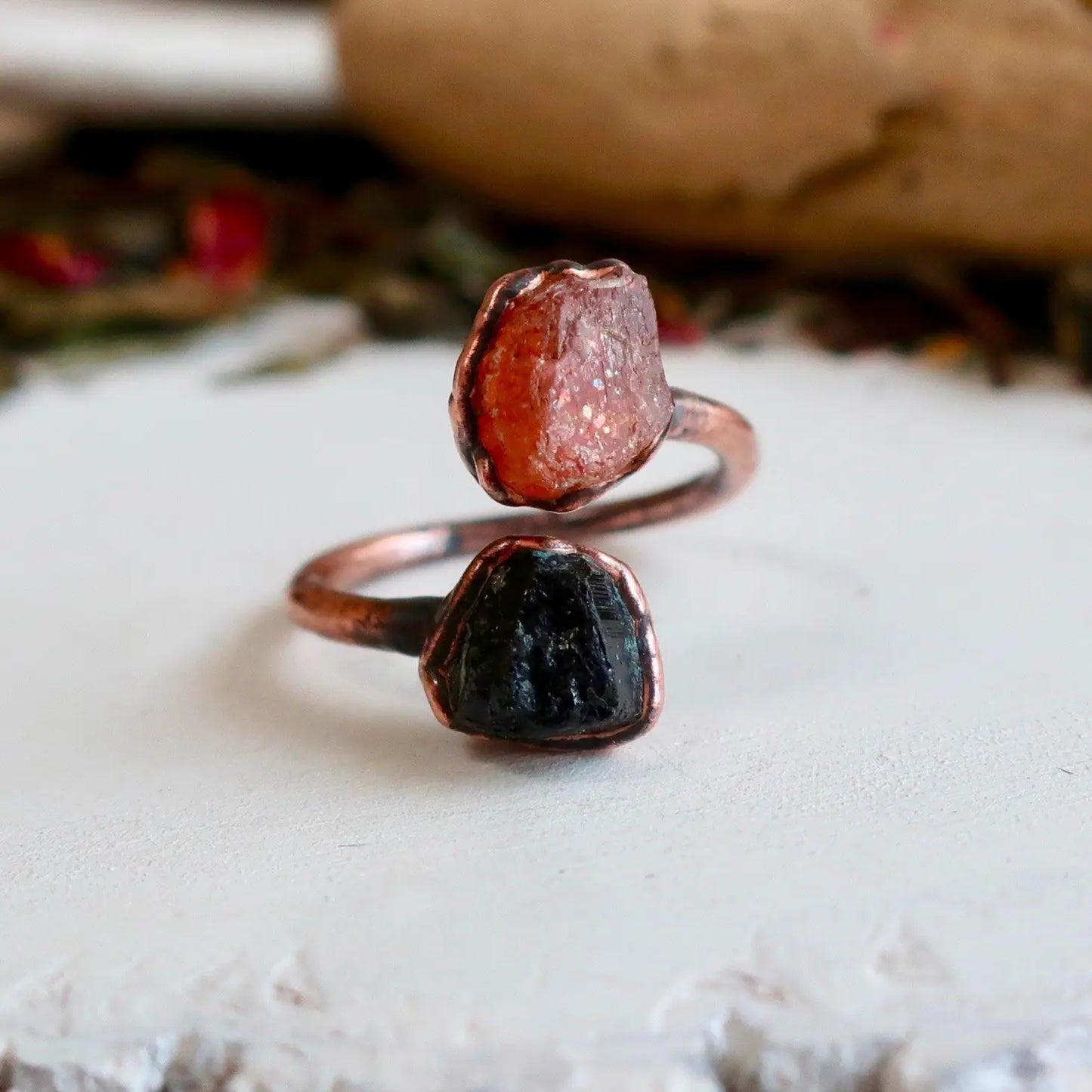 Raw Black Tourmaline and Raw Sunstone Twist Copper Ring